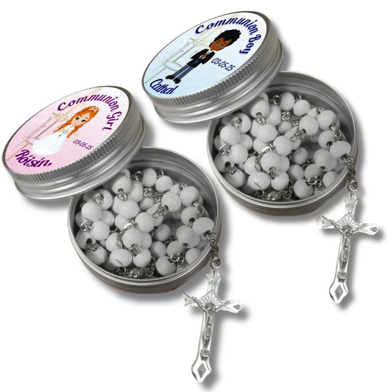 White Wooden Bead Rosary Beads in Tin - Personalised Gift