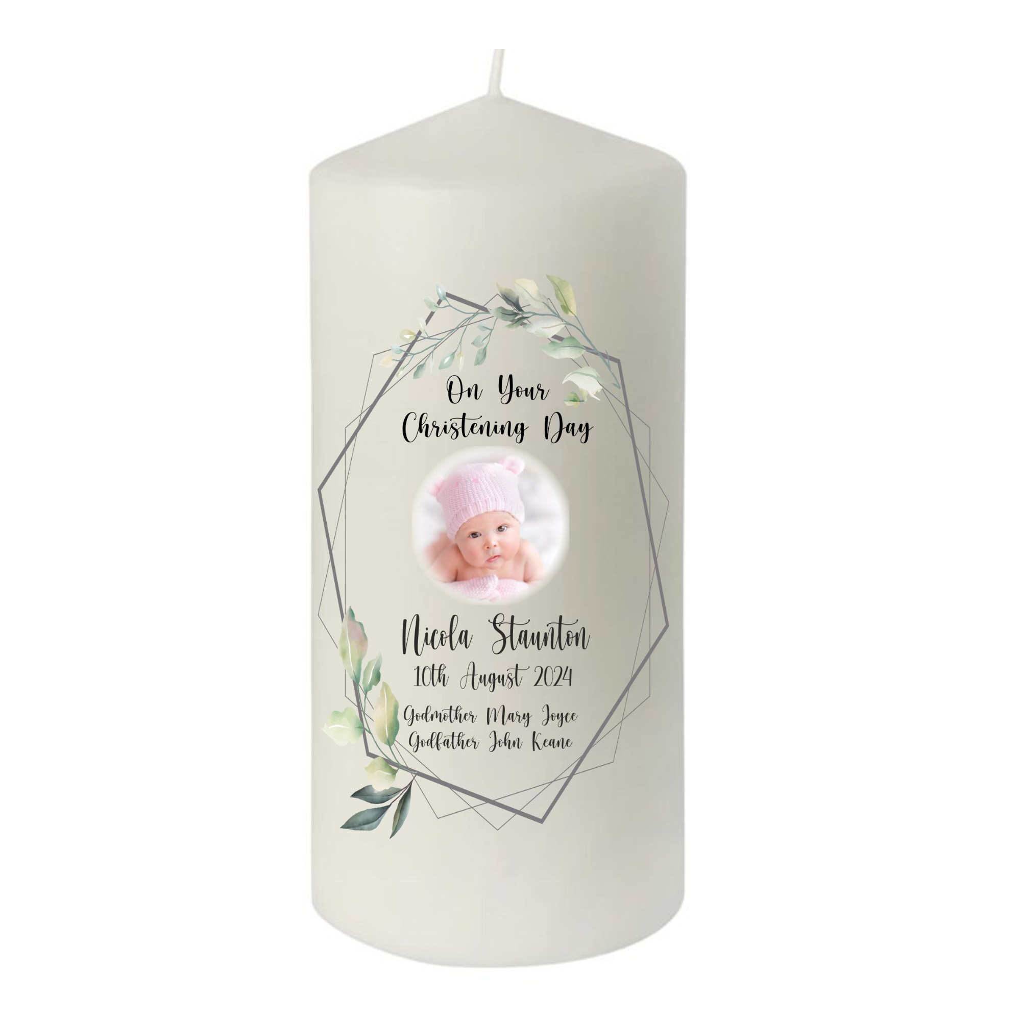 Christening Candle Eucalyptus Border - Personalised Gift