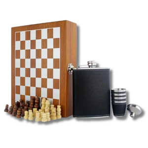 Wooden Chess, Hip Flask Set - Personalised Gift