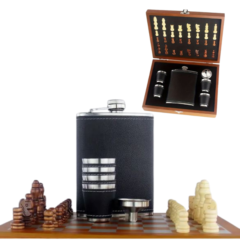 Wooden Chess, Hip Flask Set - Personalised Gift