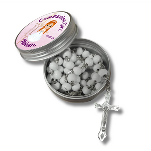 White Wooden Bead Rosary Beads in Tin - Personalised Gift